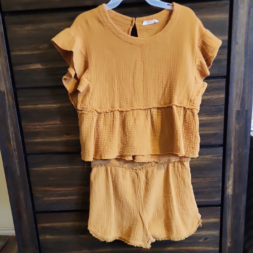 Mustard Gauze Two-Piece Top and Shorts Set